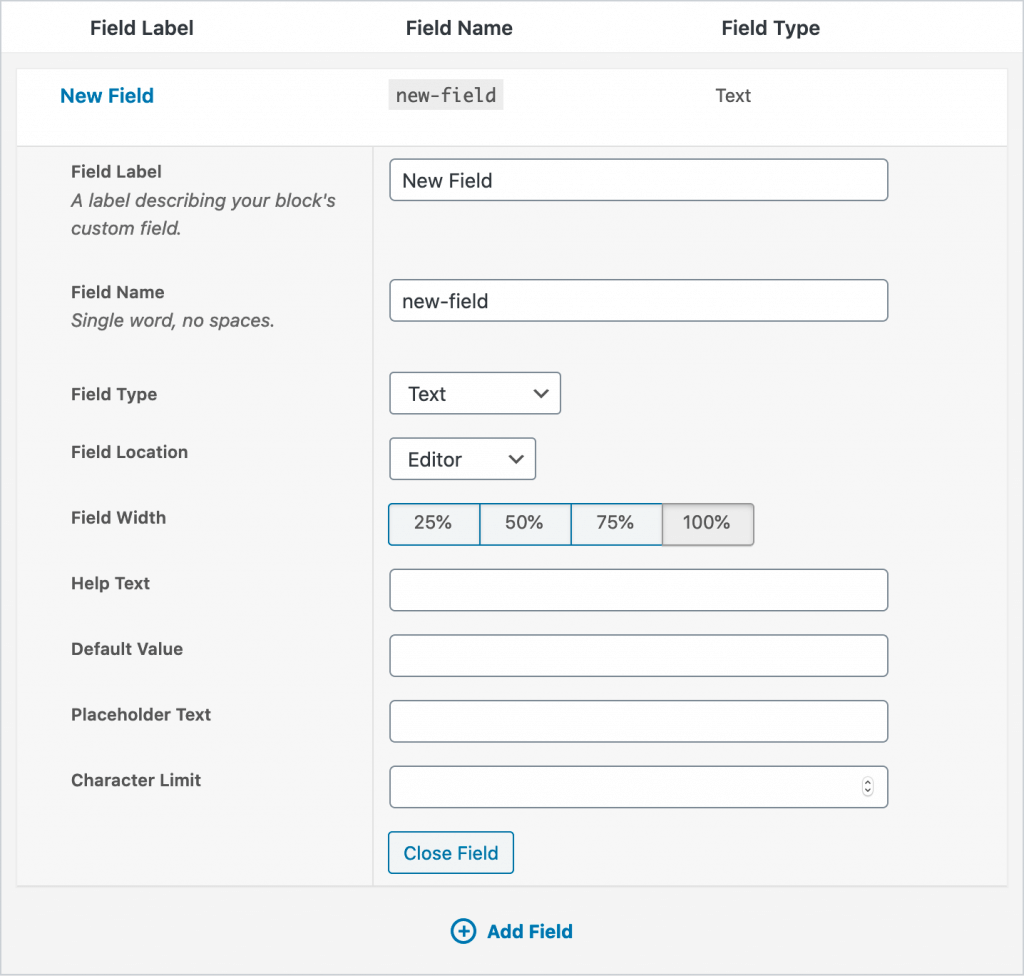 All the options for fields in a Block Lab block, explained in greater detail below.
